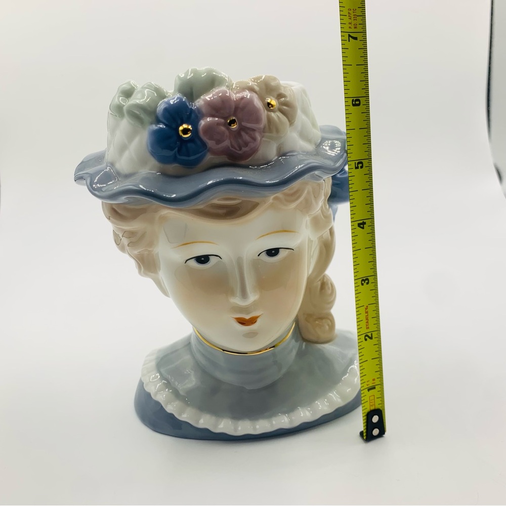 Large Vintage Ceramic Lady Head Vase Planter – 7” Tall Pastel Flowers & Hat - Picture 11 of 11